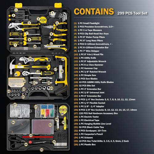 299-Piece Professional Hand Tool Set with Sockets, Pliers, Hex Keys, Screwdrivers H2338