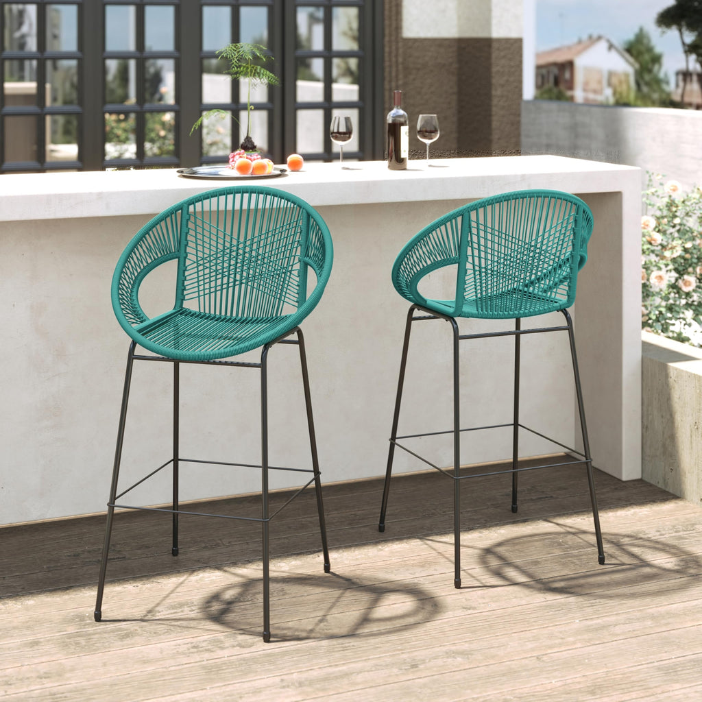 Teal Faux Wicker Outdoor Bar Stool, Set of 2 O878751