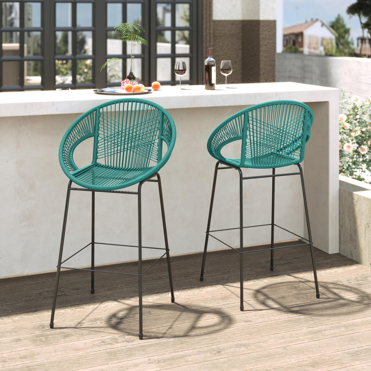 Teal Faux Wicker Outdoor Bar Stool, Set of 2 O878751