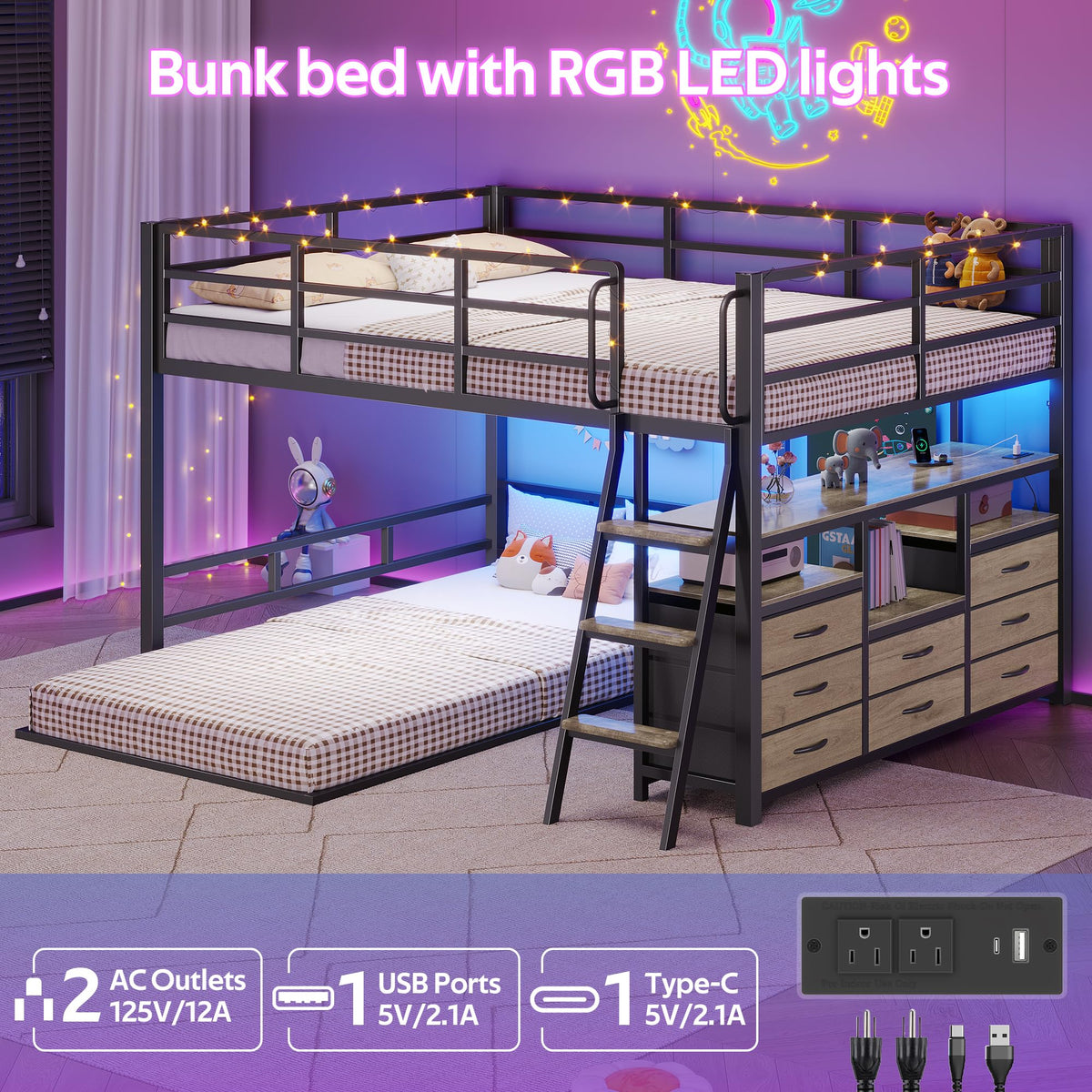 Full Over Twin Bunk Bed with 8 Drawers & 4 Shelves Q370