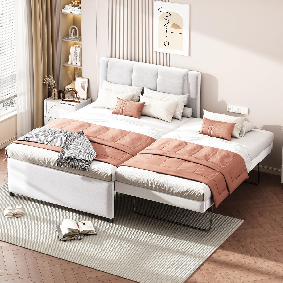 Full Size Linen Fabric Upholstered Platform Bed with Twin Size Trundle P82384