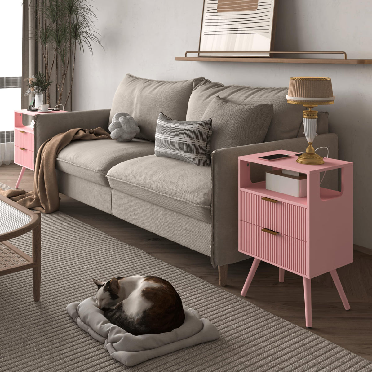 Pink Nightstand with Charging Station and LED Lights H441039