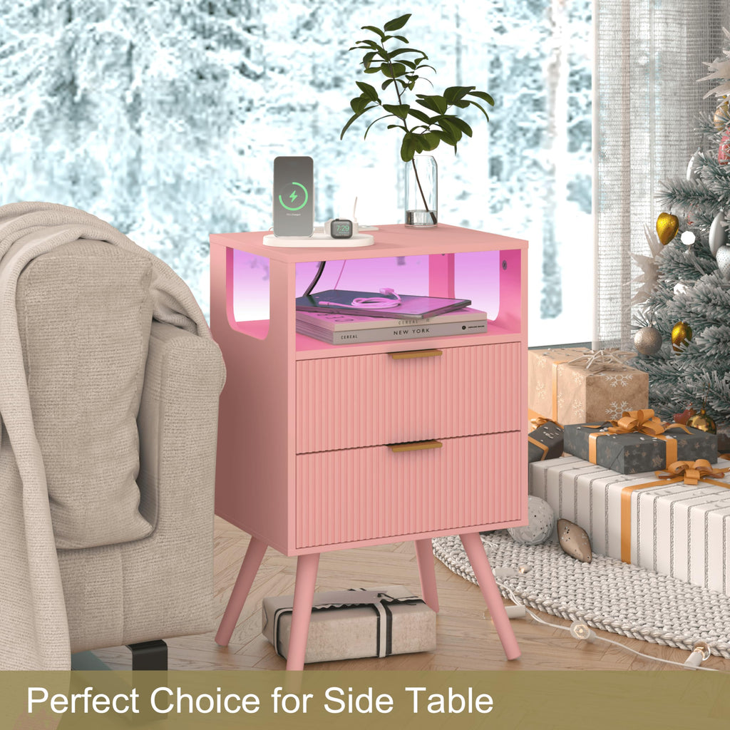 Pink Nightstand with Charging Station and LED Lights H441039